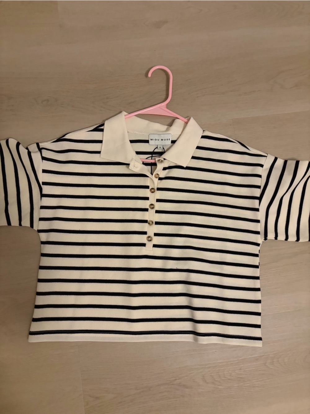 Miou Miou Striped Cream and Black Cropped Polo Top